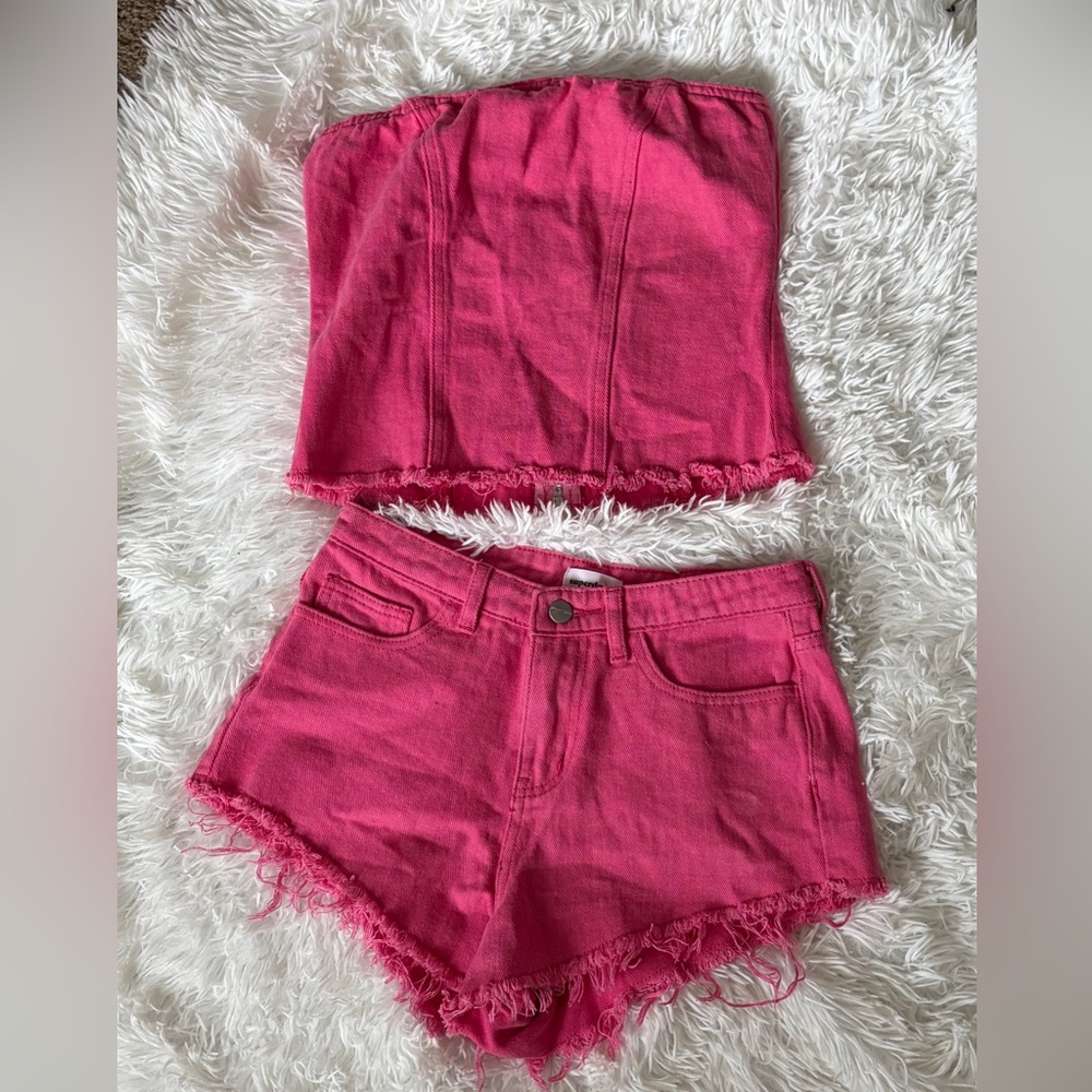 superdown Hot Pink Frayed Denim Tube Top & Shorts Set